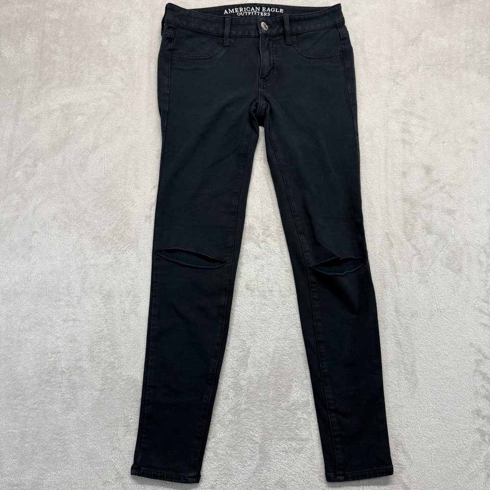 American Eagle Jeans Women's 2 Jegging Black Super Stretch Distressed Knee Slits